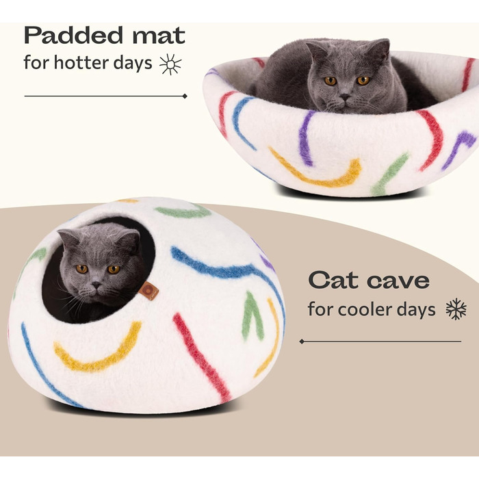 Кішечка ліжко для котів з 100% еринової вовни – ручне валяння, екологічне ліжко для котів та кошенят – м'яке спальне місце, тепле взимку та прохолодне влітку, стильний дизайн (Райдуга, M)
