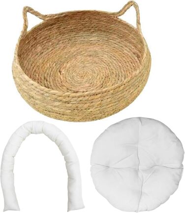 Кігтечка-ліжко для котів з соломи, 43 см, з м'яким подушкою, для кошенят, стійке до подряпин, ліжко для кота + біла подушка + об'ємні подушки