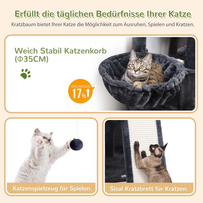 Дерево-кіготь Globlazer для котів на 2-4 котів з великою печерею, м'яким гніздечком, сходами з сизалю, іграшками, стабільним дизайном, висотою 133 см (XL, темно-сірий)