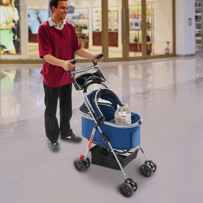 Візок для собак 3 в 1: візок-будка, візок для котів, візок для маленьких собак до 12 кг, складаний, з сумкою та кошиком (темно-синій)