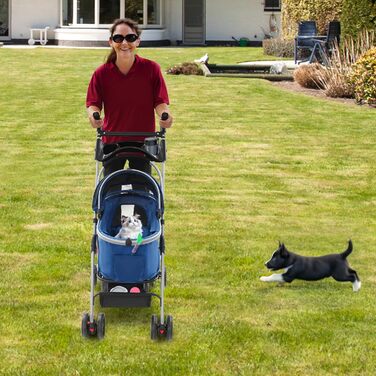 Складаний візок для собак 3-в-1 до 12 кг – Легкий візок для собак з знімним кошиком, регульованою ручкою та повітряпроникним дизайном для маленьких собак та котів (Темно-синій)