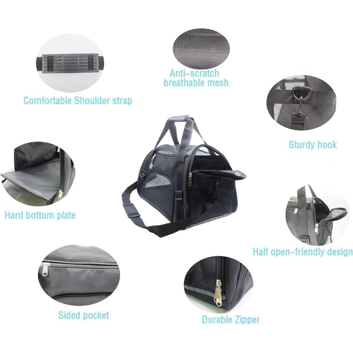 Переноска для котів та собак, м'яка, портативна, складана, схвалена авіаперевізниками (Mittel, чорний)