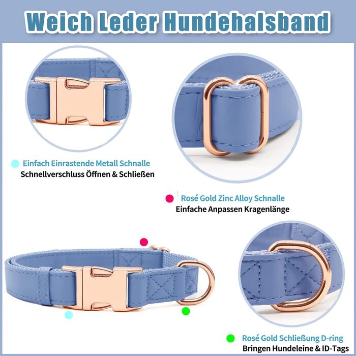 Набір повідця та нашийника для собак з м'якої шкіри (2м) - регульований поводок, стильна фурнітура Rose Gold, нейлонові повідці та нашийники для цуценят, собак маленьких, середніх та великих порід. Violett,M (обхват шиї 35-50см, ширина 2.5см). Колір: фіол