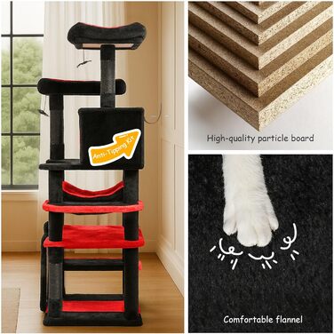 Драматичний котячий комплекс BYBYME в готичному стилі для Хелловін, 158 см, стабільний набір меблів для котів з ліжком, будиночком, гамаком, стовпчиками з сизалю, багатофункціональна котяча ігрова вежа (Чорний/Червоний)