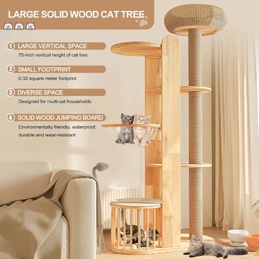 Великий котячий будиночок з подряпальником 190 см - стабільний дерев'яний комплекс для котів з посиленою колоною з сизалю, великим сплетеним будиночком, 3 оглядовими платформами та просторою капсулою, для великих котів