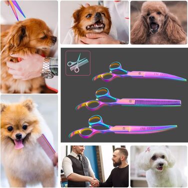 Професійний набір ножиць для грумінгу собак і котів LILYS PET, титанове покриття, 7,0 дюймів, райдужний колір, прямі, філірувальні, вигнуті ножиці, гребінець, серветка, регулятор, чохол