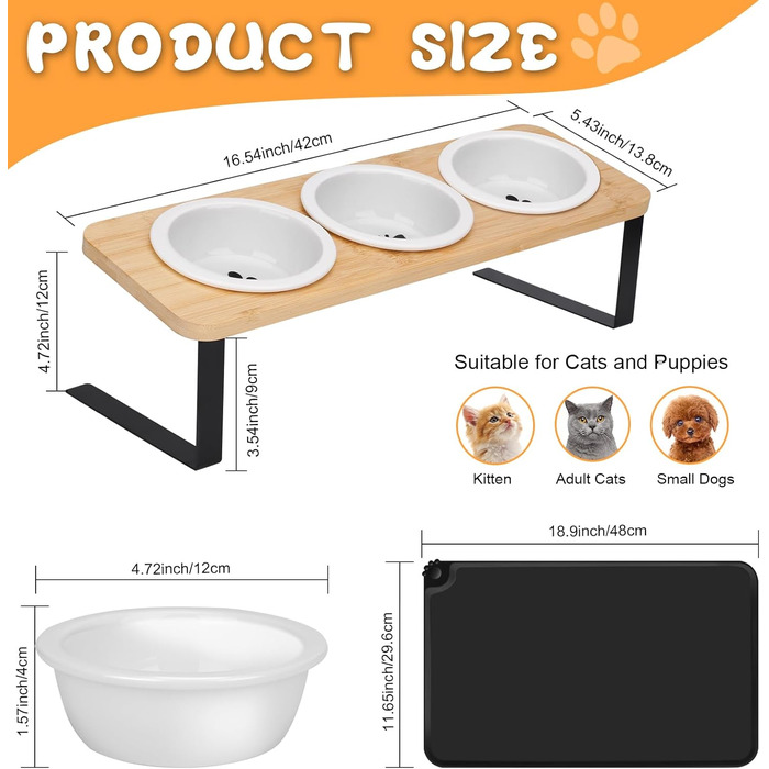 Набір мисок для котів BBWELL Ceramic: 3 шт. з кераміки, похил 15°, антиковзний бамбук, для котів та маленьких собак