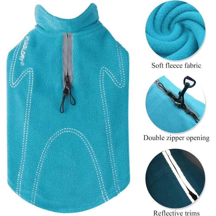Тепла флісова куртка VIVAGLORY для собак на зиму, з отвором для шлейки, XS, блакитна (обхват грудей 38-48 см)