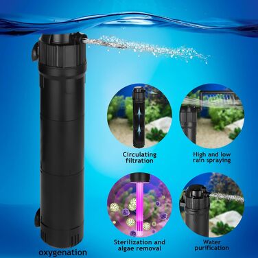 Фільтр для акваріума ITIY 5-в-1 з UV-фільтром, 650 л/год, 6W, з таймером, регульований на 180°, для малих акваріумів, тропічних акваріумів та водосховищ для черепах (8W, 800 л/год, UV: 10W)