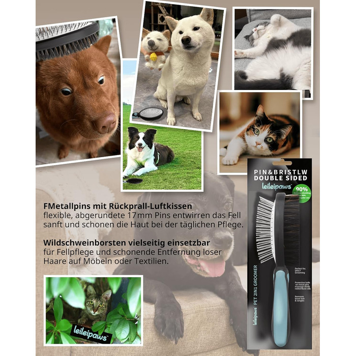 Двостороння щітка для собак та котів – вичісувальний гребінь для довгої та короткої шерсті, металеві щетинки та натуральна щетина, ергономічна ручка TPR, м'який та ефективний догляд за шерстю (Синьо-Чорний)