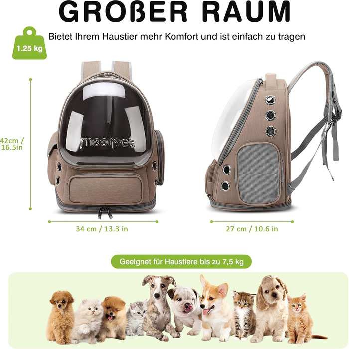 Рюкзак-переноска для котів та собак ALLSOPETS Bubble Carrier, до 7.5 кг, Khaki