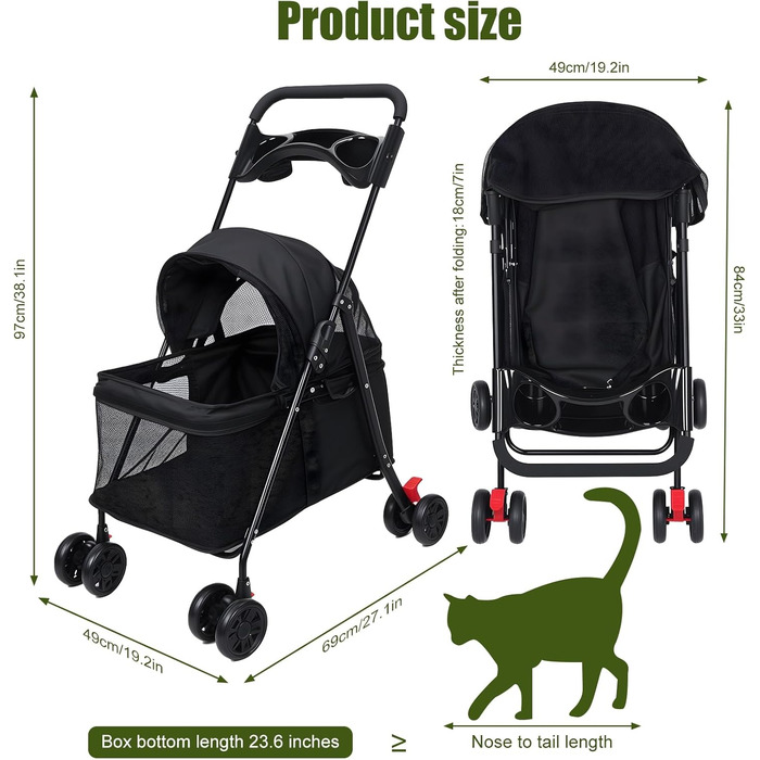 Чотирьохколісний візок для собак, переноска для собак, чорний