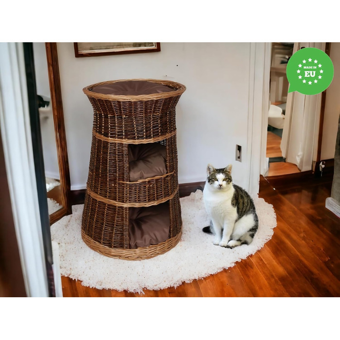 Корзина для котів для сну – котяча хатинка для дому – розмір 43 x 49 x 70 см, кругла – котяча печера з лози, трирівневе ліжко для собак або котів з пральними подушками в бежевому кольорі – лакована корзина (коричневі подушки)