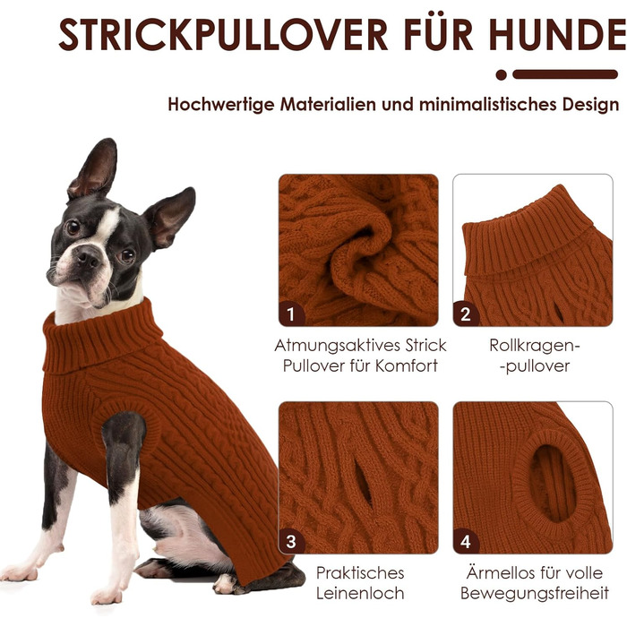 Пуловер для собак AOFITEE, теплий пуловер з коміром-гетром для такс та маленьких собак, зимовий пуловер для собак, колір цегляний (L)