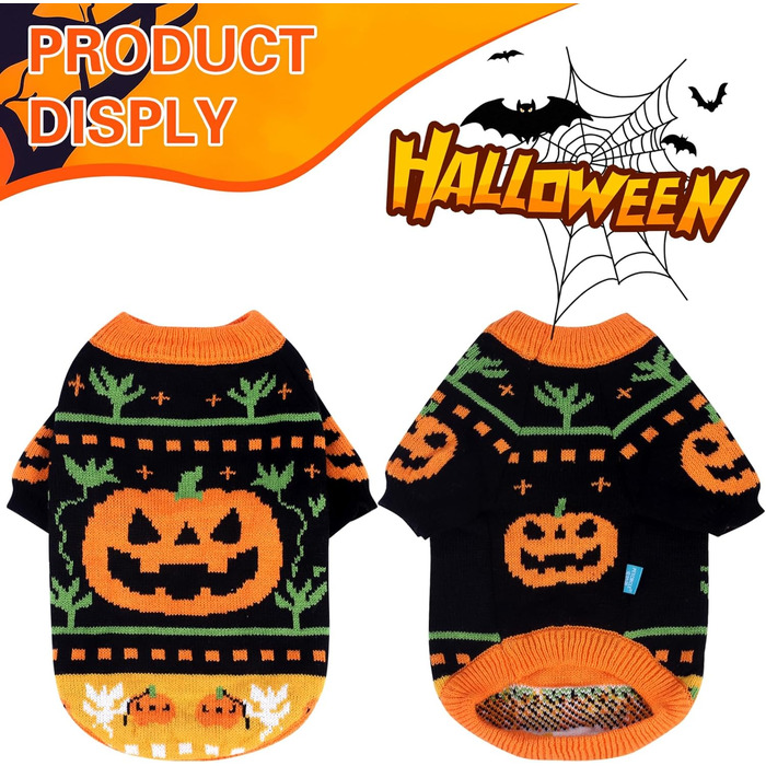 Пуловер на Halloween для собак та котів, з мотивом гарбуза та черепа, трикотажний, для маленьких, середніх та великих собак, Yorkie, Chihuahua, Zwergspitz, розмір L