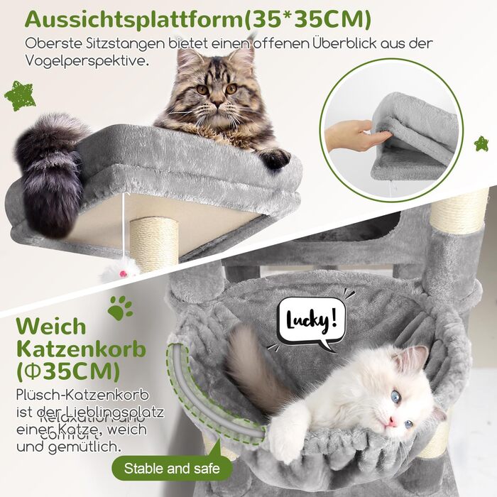 Комплекс для котів Globlazer XXL 207 см з будиночком 45x35 см, платформами, стійками та кошиком, 8 стовпчиків з сизалю, сірий