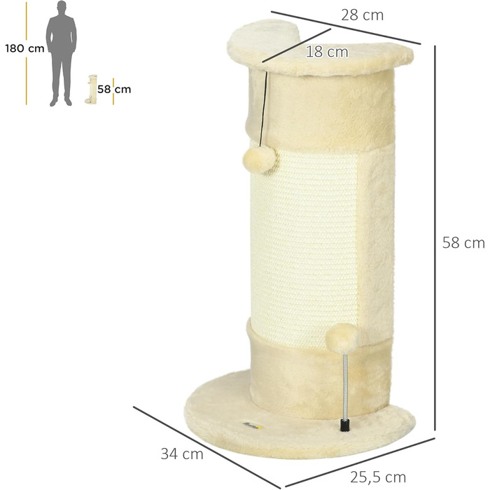 Котячий кігтеточки PawHut кутовий, 58 см, з сизалю, для дому, кремово-білий