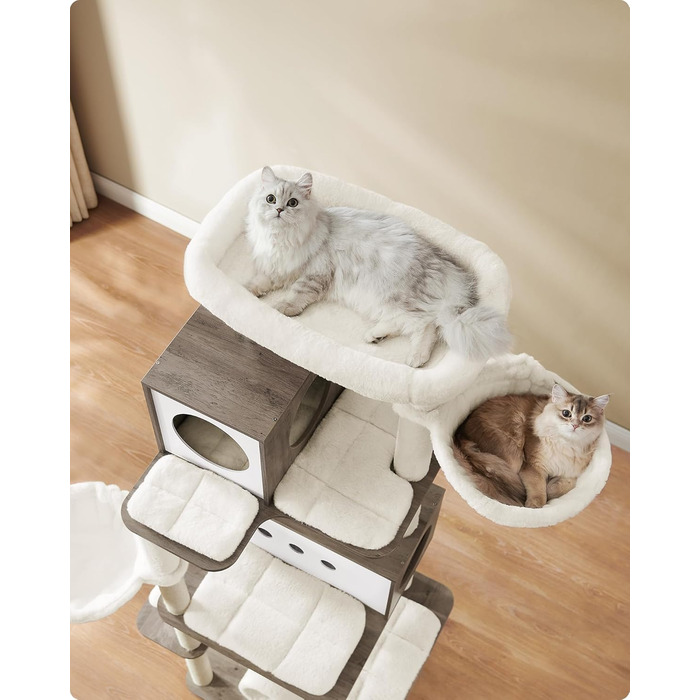 Котячий будинок Feandrea, 197 см, багаторівневий, XXL, сучасний, з 2 будками, 2 лежаками, 4 стовпами для дряпання, тунелем, платформами, котячою щіткою, Greige PCT193G01