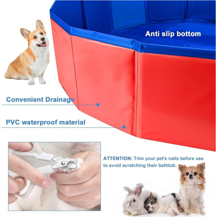 Надувний басейн для собак та котів, 60x20 см, блакитний/червоний, з неслизького ПВХ