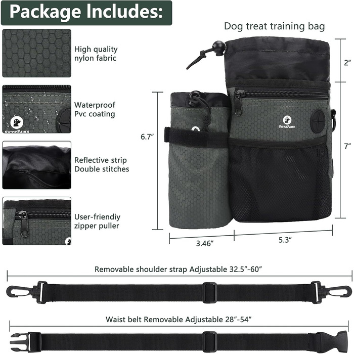 Сумка для корму для собак 2-в-1 з пляшкою води, знімний мішок для корму та диспенсер для пакетів для екскрементів (чорно-зелений)