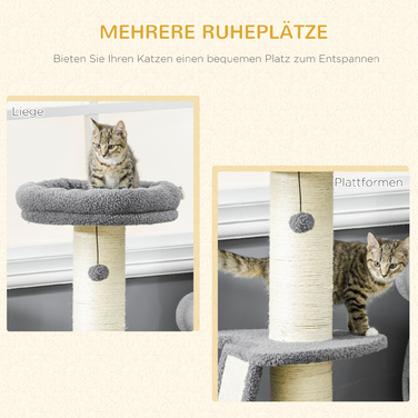 PawHut Cat Tree Велике 92 см Котяче дерево з імітацією баранячої шкіри, дряпаючим стеблом, платформою та ігровим м'ячем, темно-сіро-кремово-біле