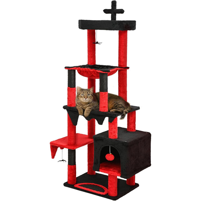 Драбинка для котів BYBYME у готичному стилі на Halloween, 168 см, стійкий комплект котячих меблів з ліжком, будиночком, гамаком та стовпчиками для шліфування кігтів (чорно-червоний), підлоговий