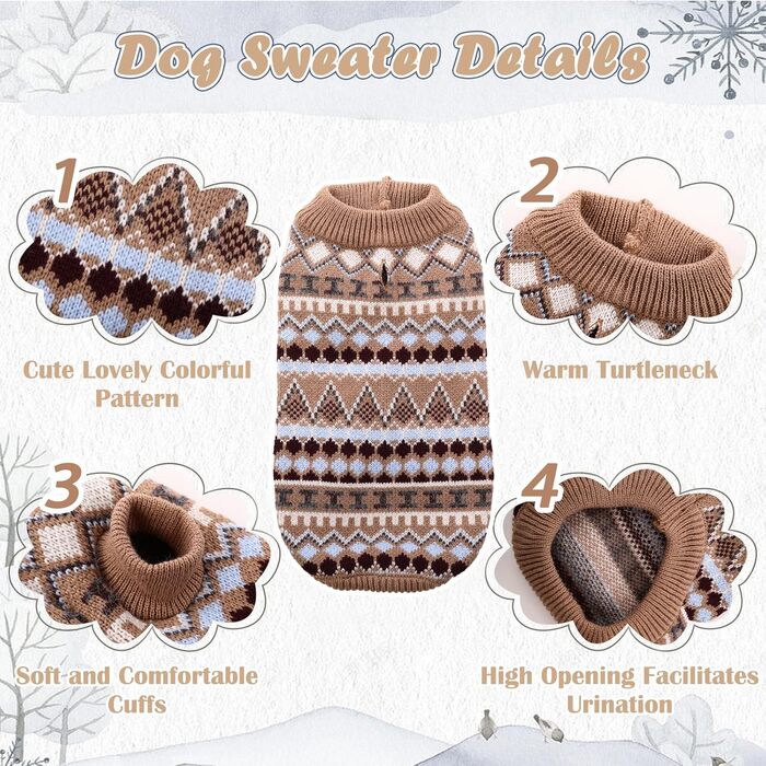 Теплий пуловер для собак - Boho стиль, різдвяний, з отвором для повідка, для чихуахуа, йоркширського тер'єра, джек-рассела, XS, колір кава