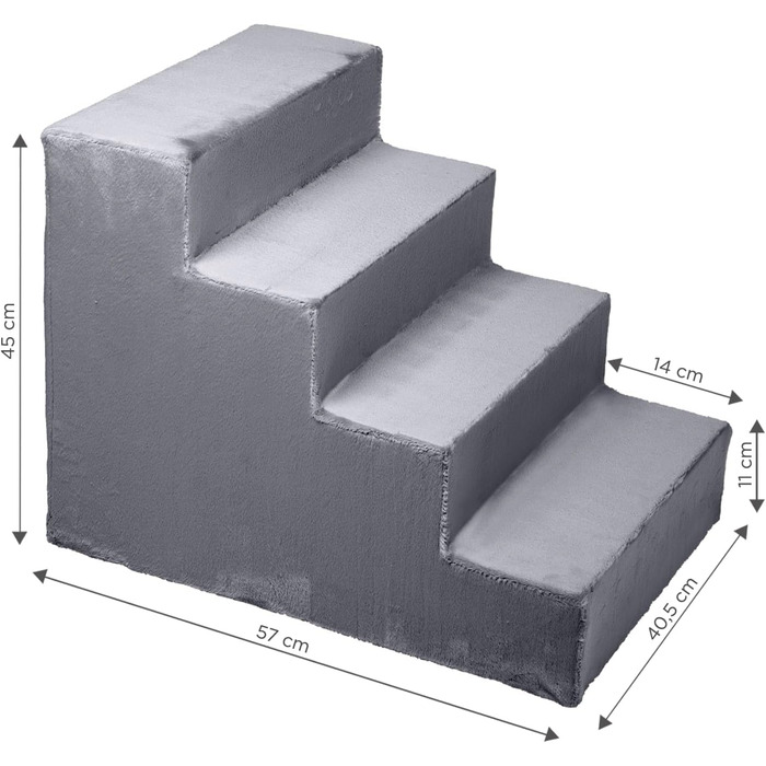 Сходинка для собак Mg Design з 4 ступенями сірого кольору – стабільна дерев'яна рамка, захищає суглоби, легка та мобільна, для диванів та ліжок, для собак та котів. Розміри: 57 x 40.5 x 45 см