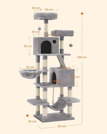 Багатоповерховий котячий будиночок Feandrea з 13 стовпчиками для дряпання, 2 платформами, 2 печерами, гамаком та іграшками, 168 см, сірий