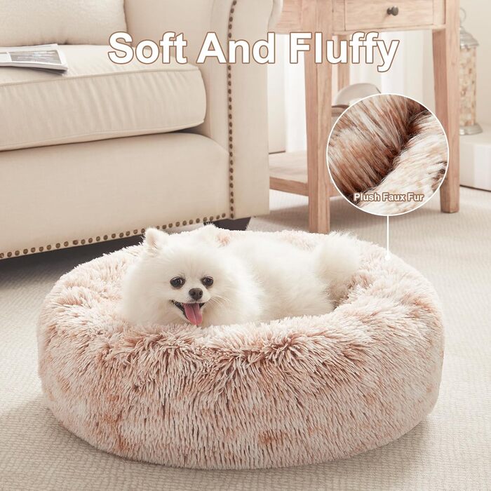 Заспокійливе собаче ліжко у вигляді пончика для маленьких собак, миється, кругле, ліжко для цуценят зі знімним покриттям, м'яке плюшеве ліжко для котів та собак, підходить для тварин до 11,3 кг, 58x58x18 см, Колір: Коричневий