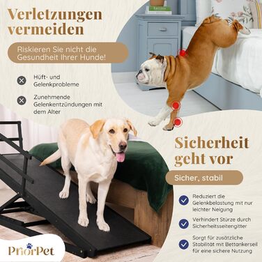 Східці для собак до ліжка з захисним бар'єром - для великих собак до 90 кг - регульована висота до 94.5 см - ширина 49.5 см - складані - антиковзні ручки - береза - натуральний колір (чорний)