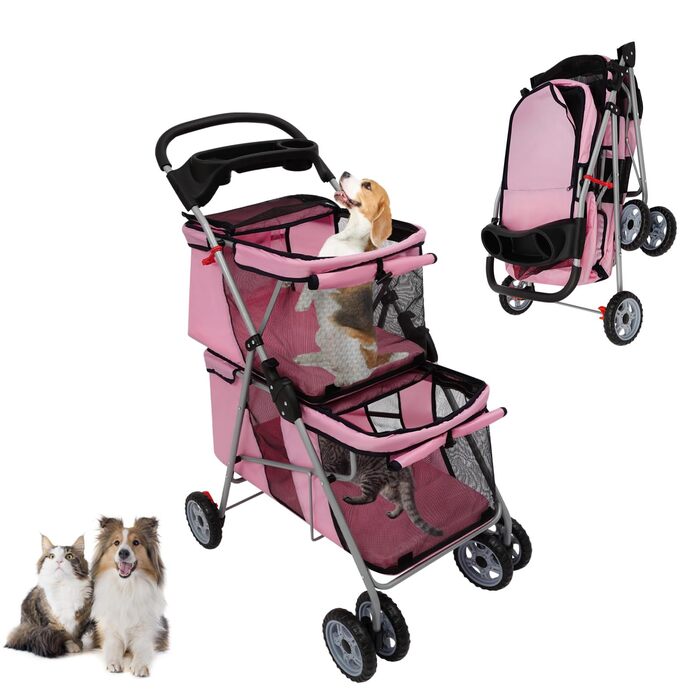 Двоярусний візок для домашніх тварин для маленьких та середніх собак та котів - Легкий транспортний візок-бугі для собак з 2 рівнями для прогулянок, подорожей та активного відпочинку на природі, до 20 кг (Рожевий)