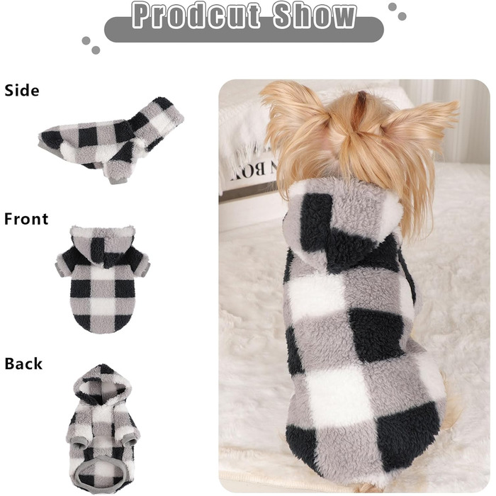Теплий флісовий світшот для собак, одяг для маленьких собак, теплий, для цуценят, чихуахуа, одяг для чихуахуа, йоркширського тер'єра, котячий одяг (розмір) (XX-Small, чорний у клітинку)