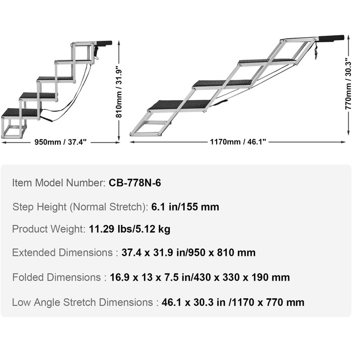 Сходинка для собак VEVOR - 5 сходинок, 77-81 см, для авто, SUV та LKW. Легка та складана, з антиковзким покриттям