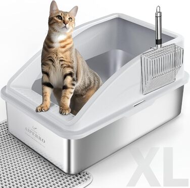 AIPERRO туалет для котів із нержавіючої сталі XL, закритий з кришкою, високі борти, антипригарне покриття, захист від протікання, з металевим совком