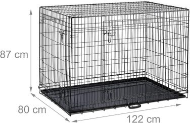 Клітка для собак Relaxdays, для дому та автомобіля, HBT: 87 x 122 x 80 см, складана собача будка з дном, 2 двері, ручка, сталь, чорна L 80 x B 122 x H 87 см