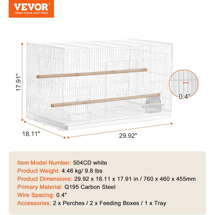 Клітка для птахів VEVOR 760x460x455 мм металева, для маленьких папуг, канарок, корел, нерозлучників, амадин, хвилястих папуг, конурів, дорожня пташина клітка з ручкою і жердочками
