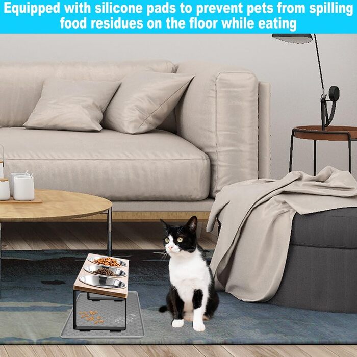 Підвищені годівниці для котів 3 шт. з нержавіючої сталі, 15° нахил, з підставкою з силікону та металевим кріпленням. Миска для корму та води для котів та маленьких собак