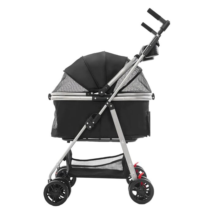 Візок для собак та котів, розкладний, до 12 кг, з кошиком та страхувальним тросом, чорний