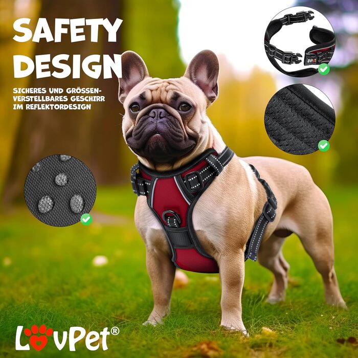 LOVPET® Шлея для собак без натягу і удушення, дихаюча м'яка нагрудна шлея для малих собак і цуценят, відбивна, регульована, з ручкою та пакетами, бордовий, XL