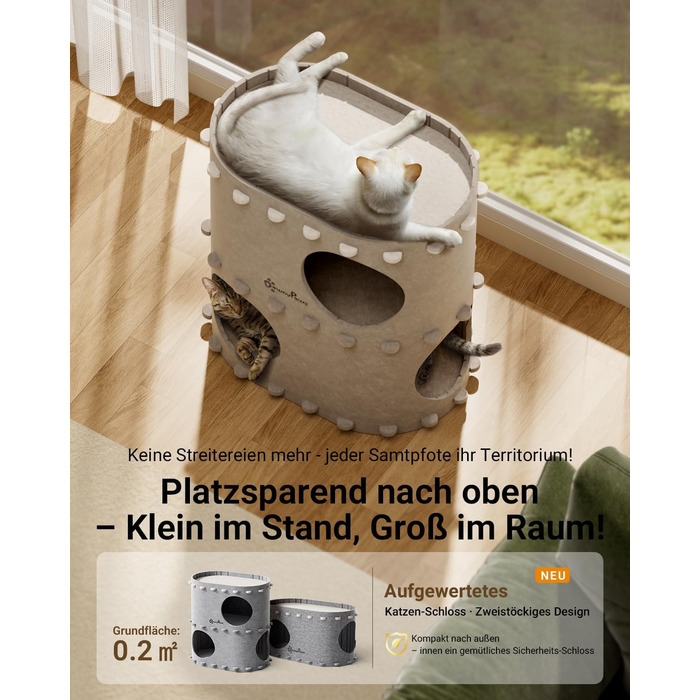 Будиночок-печеринка для котів DownyPaws з фетру, 2-ярусне ліжко для котів, 50 x 33 x 50 см, затишний дизайн, захист кігтів, бежевий