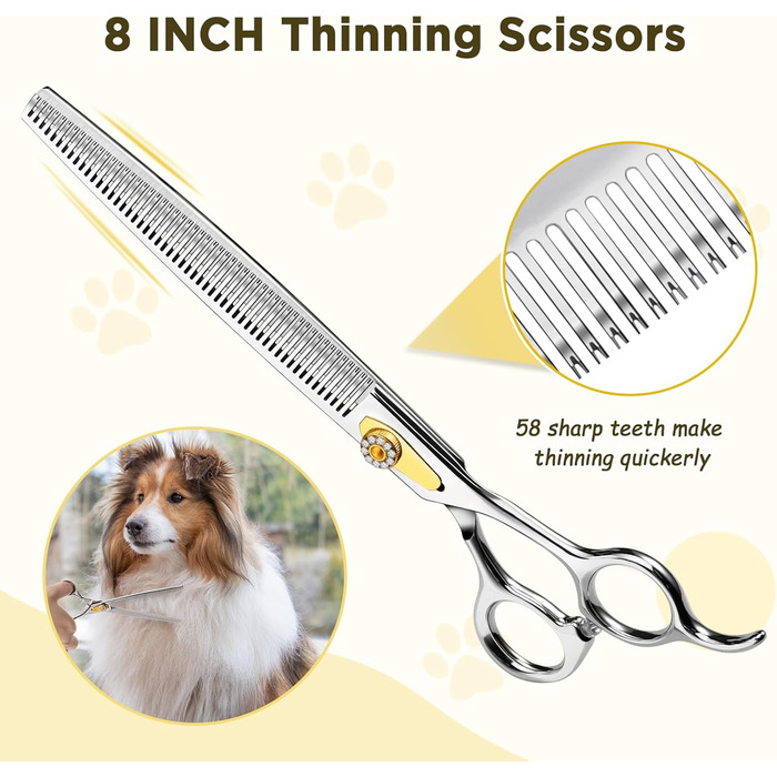 Професійна доглядацька ножиця для собак Gimars 8 дюймів (20.3 см) з нержавіючої сталі 440C, 6-в-1, ергономічна, для собак та котів, золота