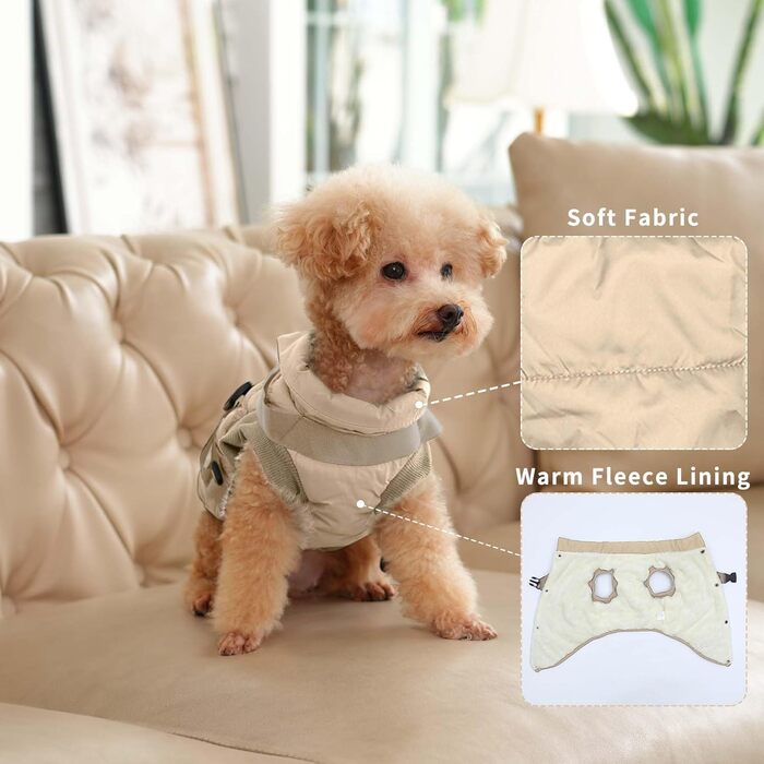 Тепла куртка для собак середнього розміру, XL, Khaki, з інтегрованим шлейкою, флісова підкладка, для зими, вітронепроникна