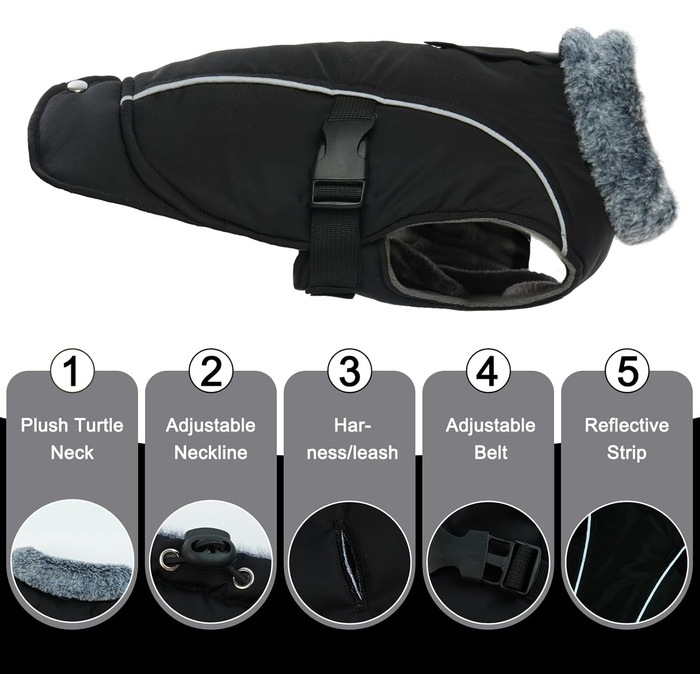 Зимовий теплий плащ для великих собак - вітронепроникний, світловідбиваючий, з флісовою підкладкою для Голден Ретрівера (Чорний, XXXL)