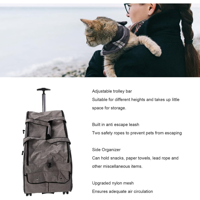 Транспортна переноска для собак, складана, велика, з колесами та телескопічною ручкою. Підходить для котів та собак до 17,5 кг (сіра)
