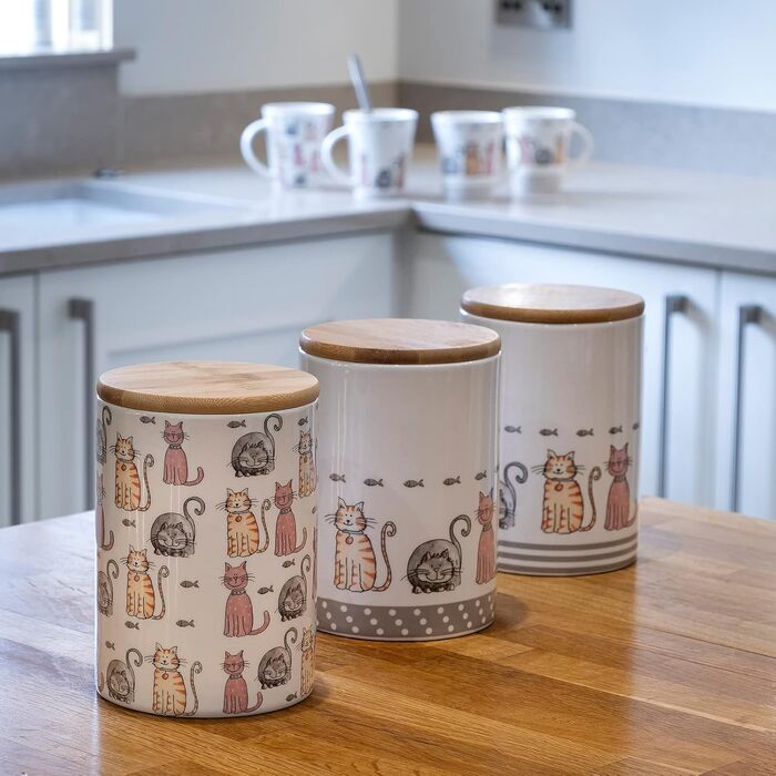 Набір контейнерів для зберігання SPOTTED DOG GIFT COMPANY з кераміки з кришкою, 3 шт. (1.2 л, котячий мотив)