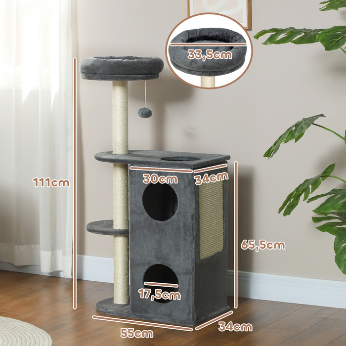 PawHut Cat Tree 111 см Cat Tree з котячою печерою, ліжко, ігровий м'яч, кігтеточка для кішки з сизалем Кігтеточки, для котів до 5 кг, сіра | Аосом