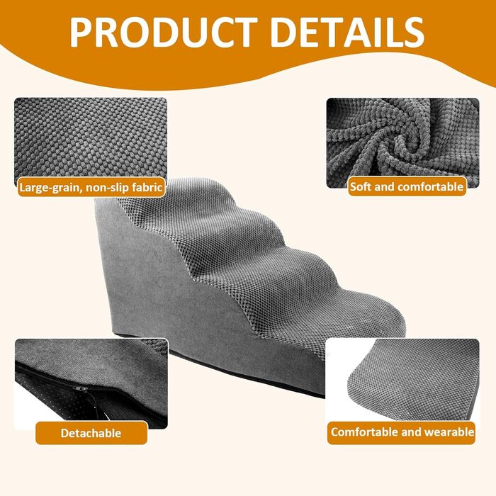 Сходинка для собак, ліжко, 5 сходинок, для маленьких собак, знімний чохол, неслизьке дно, для ліжка, дивану, авто (сірий, 4, L)