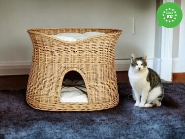 Кошик для котів для сну, котяча хата з лози, двоповерхове ліжко для котів і собак 60 см з м'якою подушкою, натуральний колір