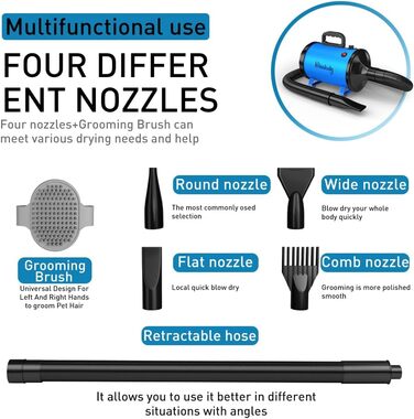 Фен для собак Blower - тихий, 4.5 PS / 3200W, регулювання швидкості, 4 насадки, синій
